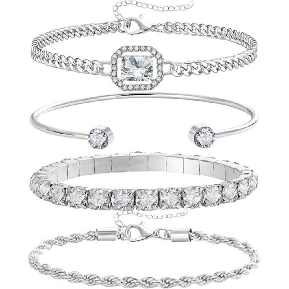 4 Pcs Dainty Gold Silver Bracelets Set for Women 14K Plated Link Cubic Zirconia